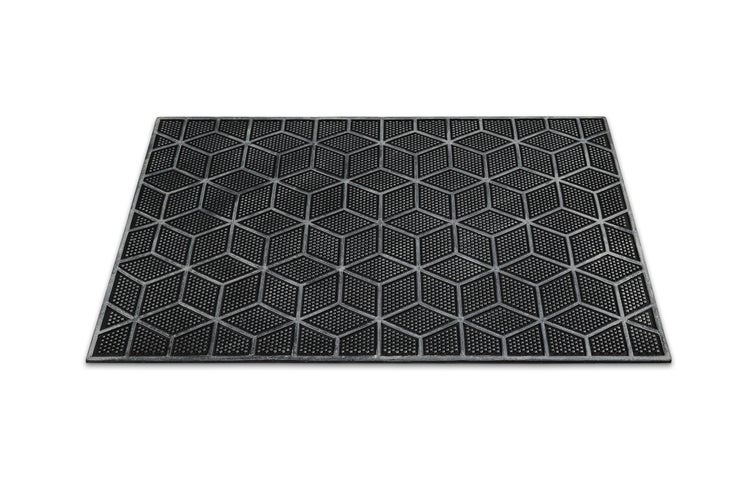 Schwarze Gummifußmatte mit geometrischem 3D Würfelmuster.