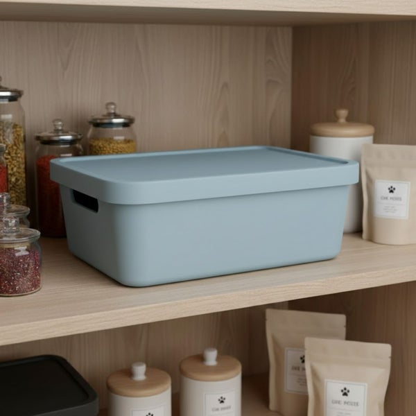 Aufbewahrungsbox mit Deckel im Regal