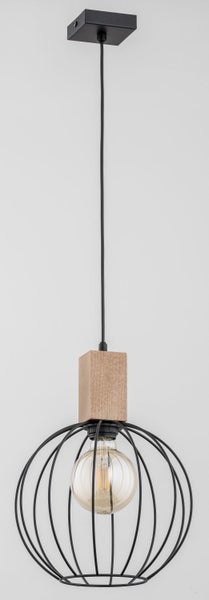 Moderne Pendelleuchte aus Metallgitter mit Holzelement und offener Glühbirne für ein stimmungsvolles Licht.