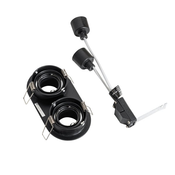 Doppelter Einbaurahmen für Spotlights in Schwarz mit zwei GU10 Fassungen, Anschlussbox und Befestigungsfedern.