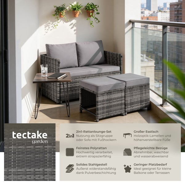 Graues Polyrattan-Lounge-Set auf Balkon mit Sofa, zwei Hockern und Tisch in Holzoptik. Modernes Design. tectake garden Logo.