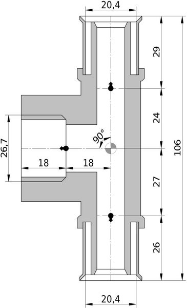 Maßzeichnung eines T-Stücks mit 90-Grad-Winkel und detaillierten Maßangaben in Millimetern.