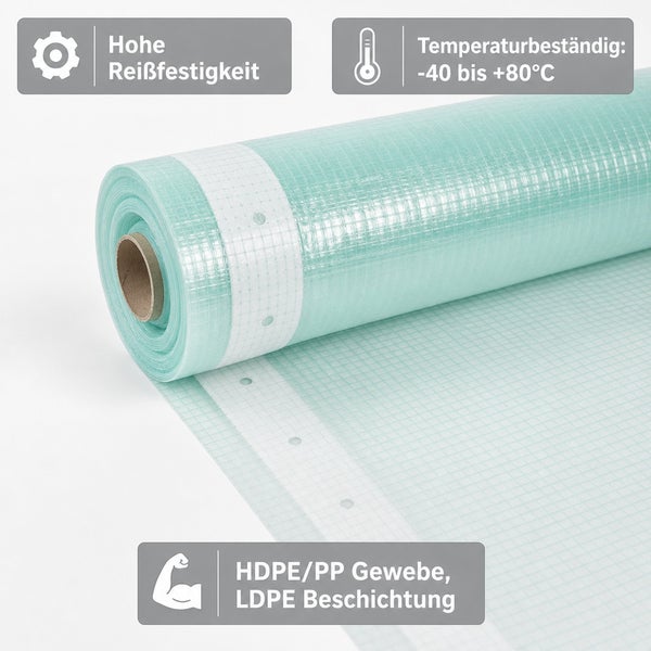 Gewebeplane auf Rolle mit hoher Reißfestigkeit, temperaturbeständig von minus 40 bis plus 80 Grad Celsius, aus HDPE und Polypropylen Gewebe.