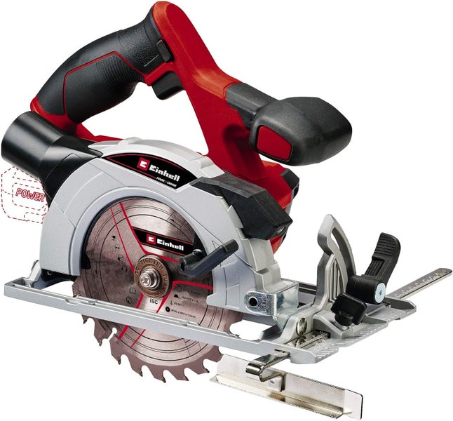 Einhell Akku-Handkreissäge mit montiertem Sägeblatt, Parallelanschlag und ergonomischem Handgriff.