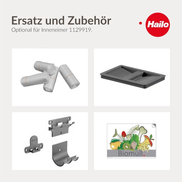 Hailo Ersatzteile und Zubehör für Inneneimer 1129919: Müllbeutel, Deckel, Halterungen und Biomüll Aufkleber. Hailo Logo.