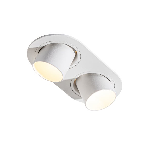 Zweiflammiger Einbaustrahler in Weiß mit zwei verstellbaren zylindrischen Spotköpfen.