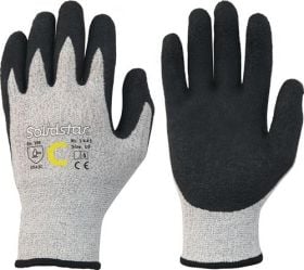 Ein Paar Arbeitshandschuhe mit Strickbündchen und Beschichtung an den Handflächen und Fingern für Schutz bei handwerklichen Tätigkeiten.