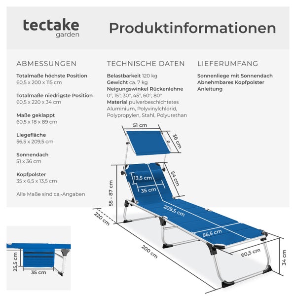 Sonnenliege tectake Lorella 220 x 60,5 x 34 cm, mit Seitentasche  gepolstert, klappbar blau