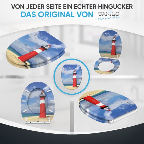 Sanilo WC-Sitz mit Leuchtturm-Motiv am Strand in verschiedenen Ansichten und Sanilo Logo.