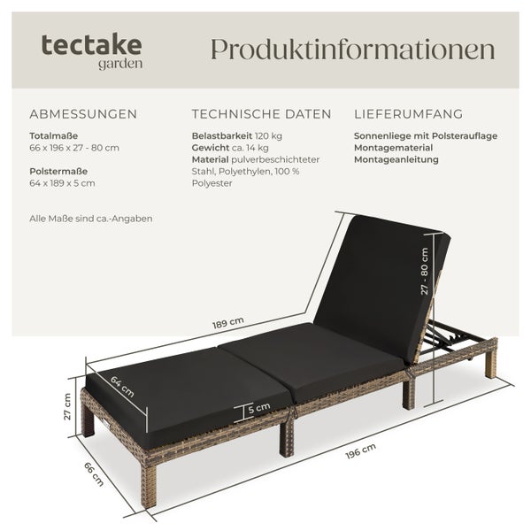Rattan Sonnenliege tectake Sofia 196 x 66 x 27 cm widerstandsfähig natur
