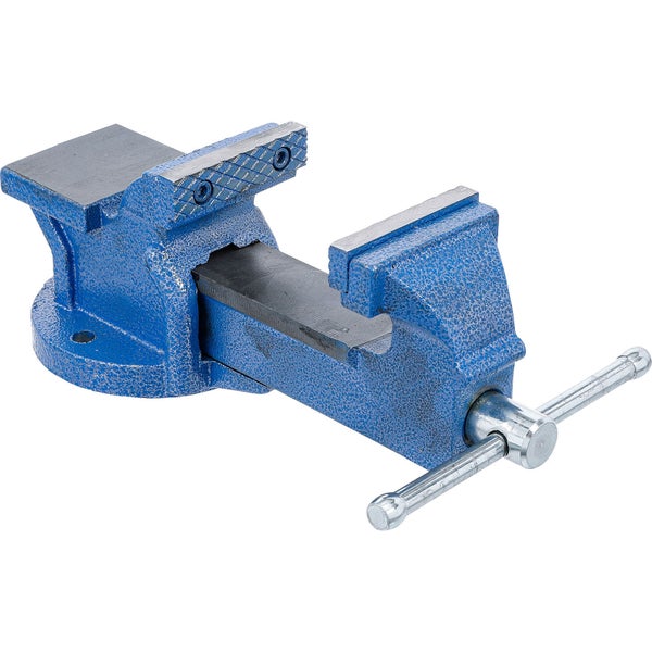 Blaue Werkbank mit Schraubstock und silbernem Griff