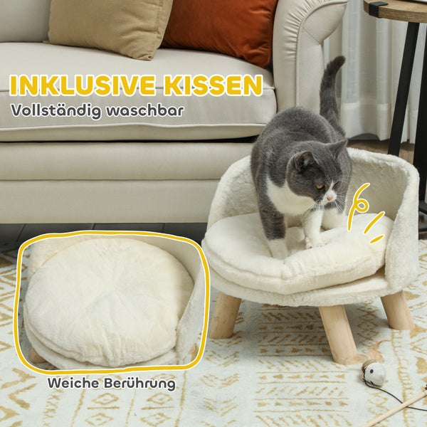 PawHut Katzensofa, Haustiersofa mit Kissen, Katzenbett, katzensessel Katzenhocker erhöhtes Haustierbett mit rutschfesten Holzfüße, Hundesofa, Indoor, Cremeweiß, 40,5 x 40,5 x 33 cm