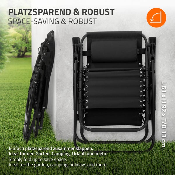 ML-Design Sonnenliege klappbar Schwarz, Liegestuhl mit verstellbarem Kopfpolster & Rückenlehne, Gartenliege wetterfest mit Schnürsystem, Zero Gravity Outdoor Relaxliege, Gartenstuhl mit Getränkehalter