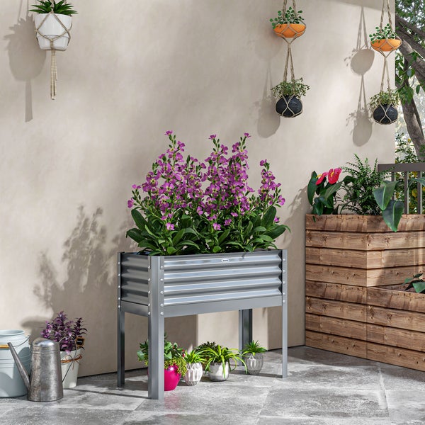 Outsunny Hochbeet, Erhöhter Pflanzkasten, Frühbeet aus Stahl, Kräuterbeet, Pflanzkasten für Garten, Balkon, Grau, 100 x 45 x 80 cm