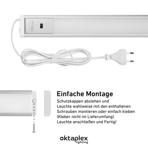 Okta Plex Unterbauleuchte mit Netzkabel und Montagehinweis