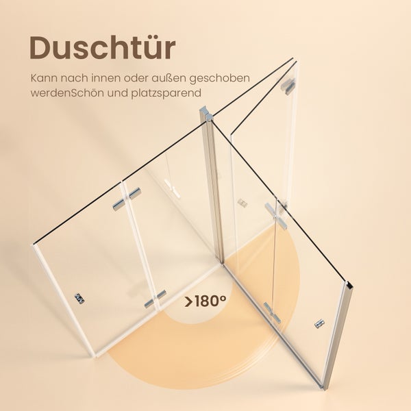 Duschtür aus Glas, mehr als 180 Grad nach innen und außen schwenkbar.