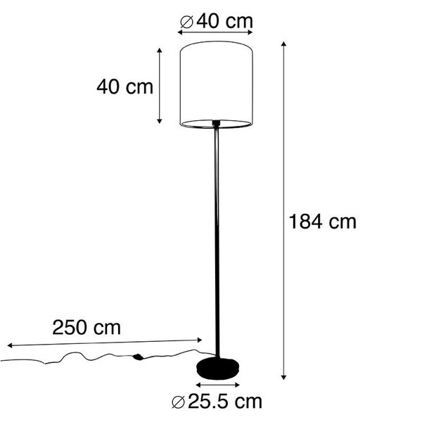 Maßskizze Stehlampe: Höhe 184 Zentimeter, Schirm 40 mal 40 Zentimeter, Fußdurchmesser 25.5 Zentimeter, Kabellänge 250 Zentimeter.