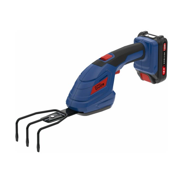 Güde Akku-Bodenhacke mit dreizinkigem Kultivator-Aufsatz, ergonomischem Griff und 18-Volt-Akku.