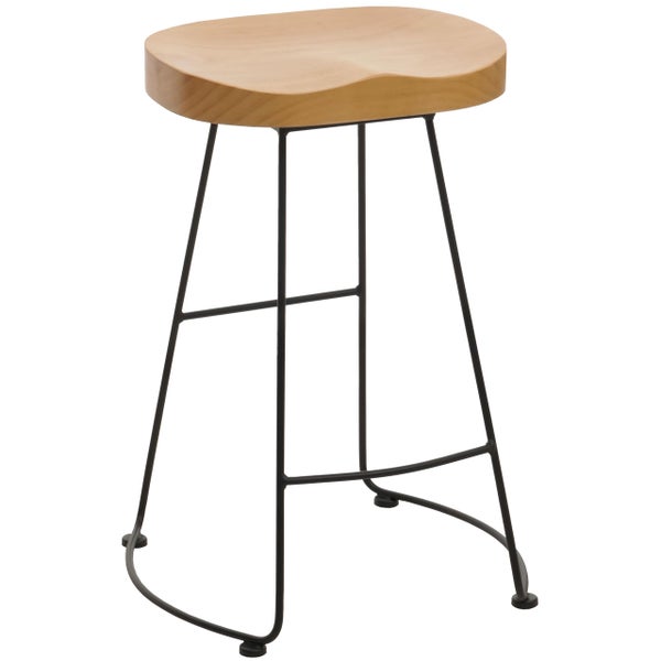 Hocker mit Sitzfläche aus Holz und schwarzem Metallgestell