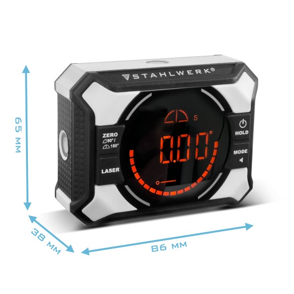 Digitale Wasserwaage mit den Maßen 86 Millimeter mal 65 Millimeter mal 38 Millimeter