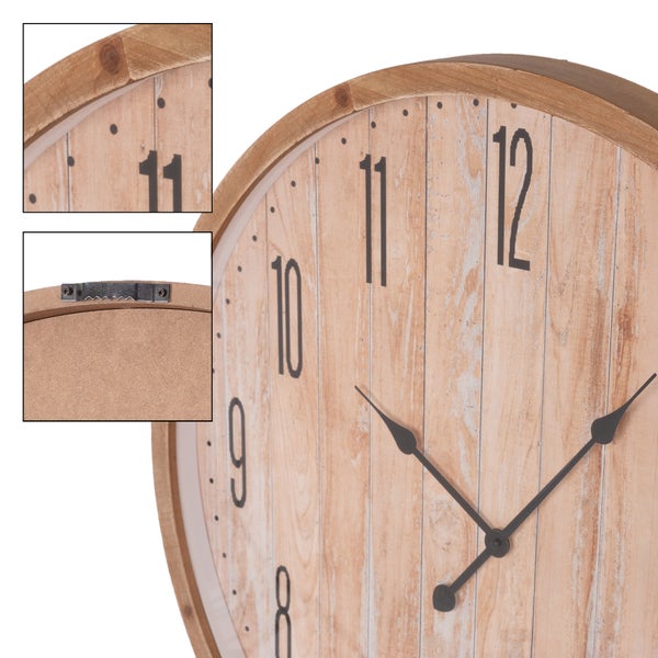 ECD Germany Große Wanduhr Ø 76cm rund mit Arabische Ziffern, Dekorative Uhr aus MDF-Holz und Glas, Fichtenoptik, Design Uhr im Vintage-Stil, Leisem Uhrwerk, geräuschlos, Analoge Wanduhr für Wohnzimmer