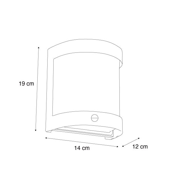 Außenwandleuchte mit den Maßen: Höhe 19 Zentimeter, Breite 14 Zentimeter und Tiefe 12 Zentimeter.