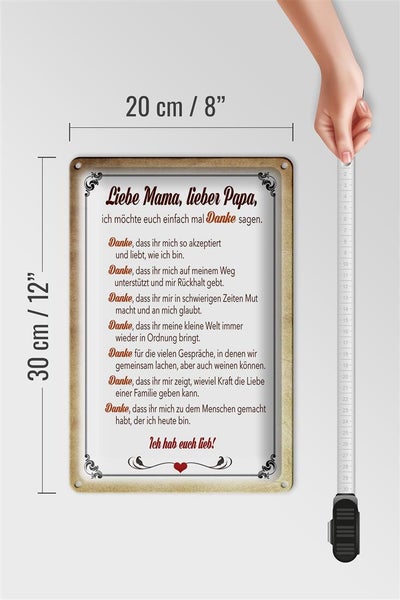 Blechschild Spruch 20x30cm Mama Papa hab euch lieb danke