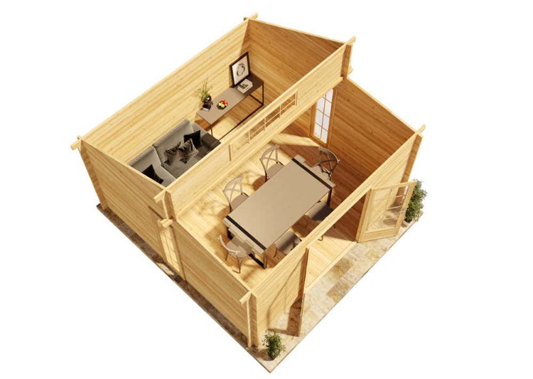 Draufsicht des Innenraums eines Holzhauses mit Wohnbereich, Essbereich und Fenstern