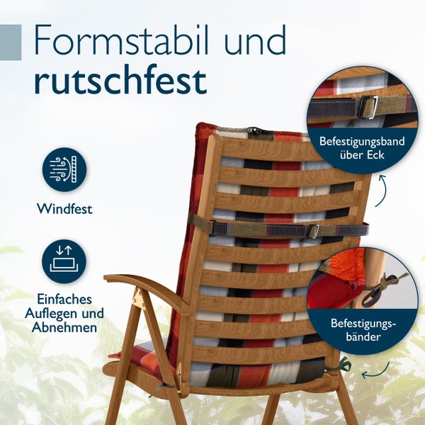 Gartenstuhl mit kariertem Sitzkissen und Befestigungsbändern