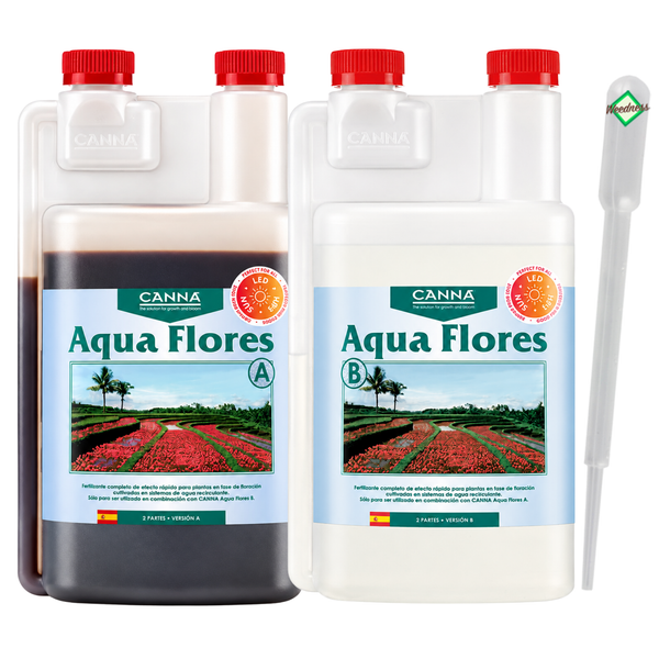 Zwei Flaschen CANNA Aqua Flores A und B Pflanzendünger für Blütephase in Kreislaufsystemen inklusive Dosierpipette.