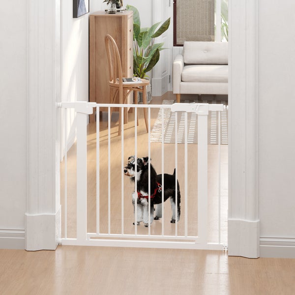PawHut Türschutzgitter, Treppengitter, Hundegitter ohne Bohren, 75-96 cm Verstellbares Absperrgitter, Auto-Close Baby Schutzgitter, für Kinder und Haustiere, Stahl, Weiß