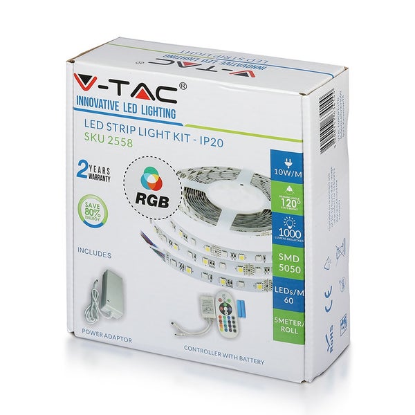 Verpackung eines LED-Streifen-Licht-Kits von V-Tac mit zweijähriger Garantie