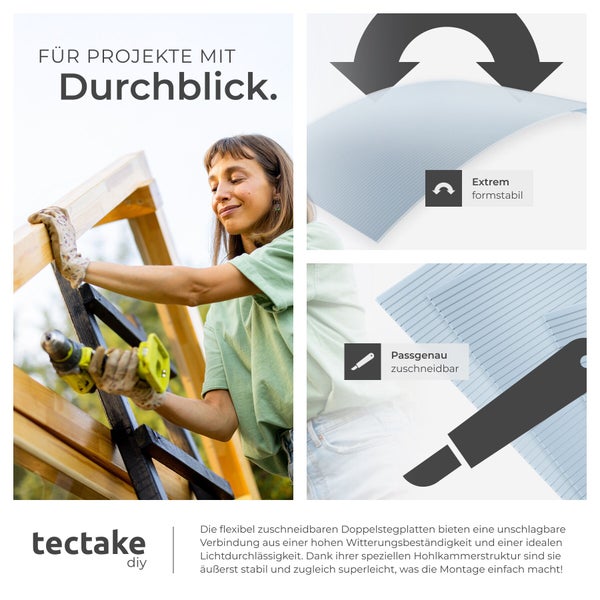Frau montiert Doppelstegplatten mit Bohrmaschine; flexibel zuschneidbar, formstabil, Tectake DIY Logo.