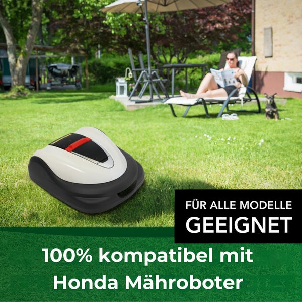 Rasenmähroboter im Garten mit Frau auf Liege und Hund