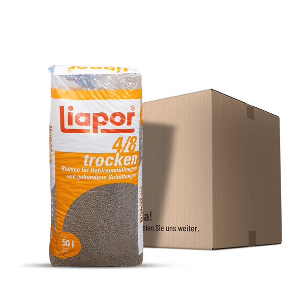 Liapor Blähton trocken 4/8, 50 Liter Sack mit Liapor Logo für Hohlraumfüllungen neben einem Versandkarton.