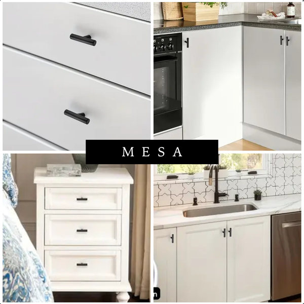 Collage verschiedener Möbelstücke mit schwarzen Stangengriffen