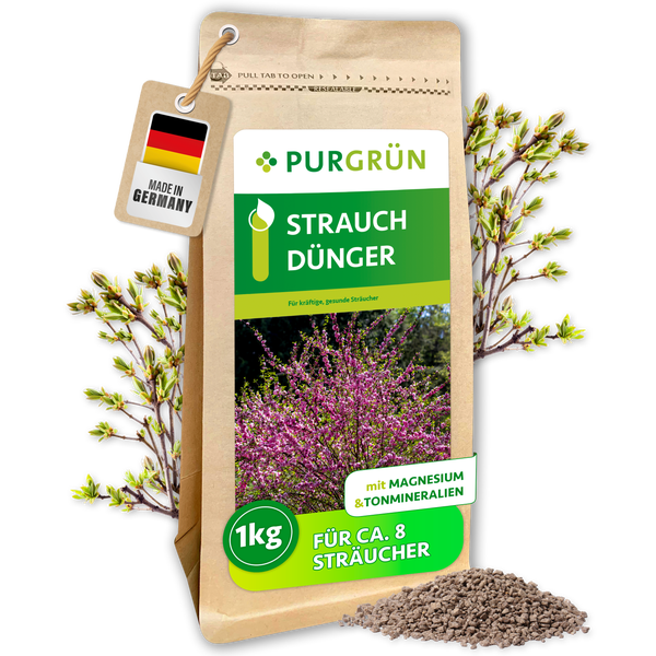 Lächelnder Gärtner neben 1 Kilogramm Purgrün Strauchdünger. Text beschreibt Bodenverbesserung durch Tonmineralien. Purgrün Logo.