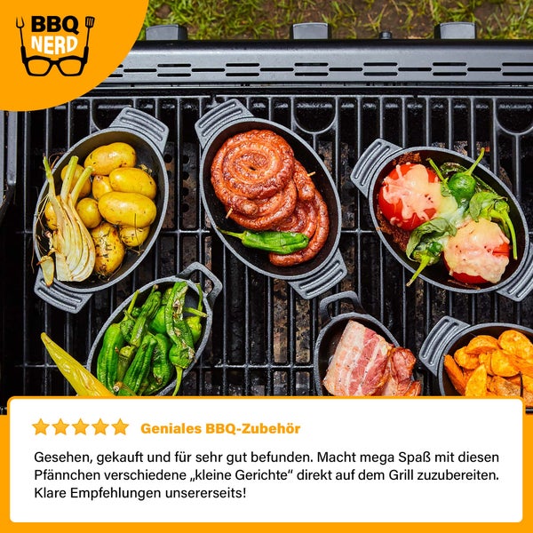 BBQ-Nerd Servierpfännchen aus Gusseisen im 6er Set |  Grillpfännchen - oval 22,5x13 cm - zum Braten Überbacken Grillen Anrichten Servieren | Gusspfännchen für einzelne Portionen