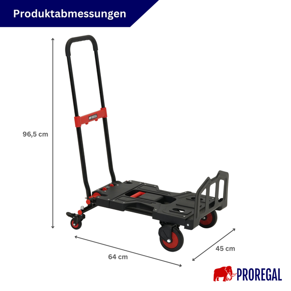 Proregal Plattformwagen mit Abmessungen: Höhe 96,5 Zentimeter, Länge 64 Zentimeter, Breite 45 Zentimeter.