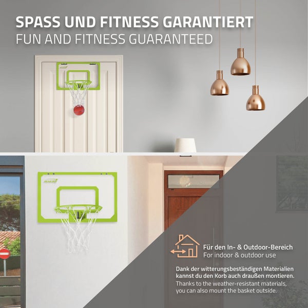 Hauki Mini Basketballkorb fürs Zimmer im Set 3 Bälle Ø16cm, Netz, Pumpe, 58x40 cm, Grün, tragbar, Backboard Tür/Wandmontage, ohne Bohren, Indoor Basketball Hoop hängend, Hängebrett Basketballbrett