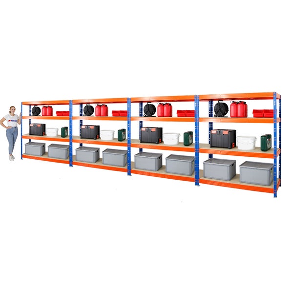 PROREGAL Mega Deal 4x Profi Schwerlastregal Rhino HxBxT 180 x 160 x 60 cm 4 Spanplatten-Ebenen 16mm Fachlast 500 kg Blau-Orange