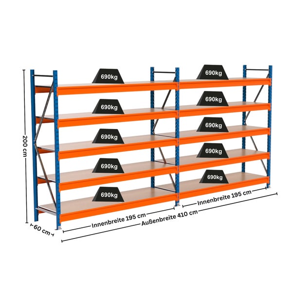 Regalsystem mit fünf Ebenen, Belastungsgewicht 690 Kilogramm pro Ebene, 200 Zentimeter hoch