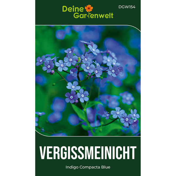 Samentüte für Vergissmeinnicht Indigo Compacta Blue mit blauen Blüten, Deine Gartenwelt Logo.