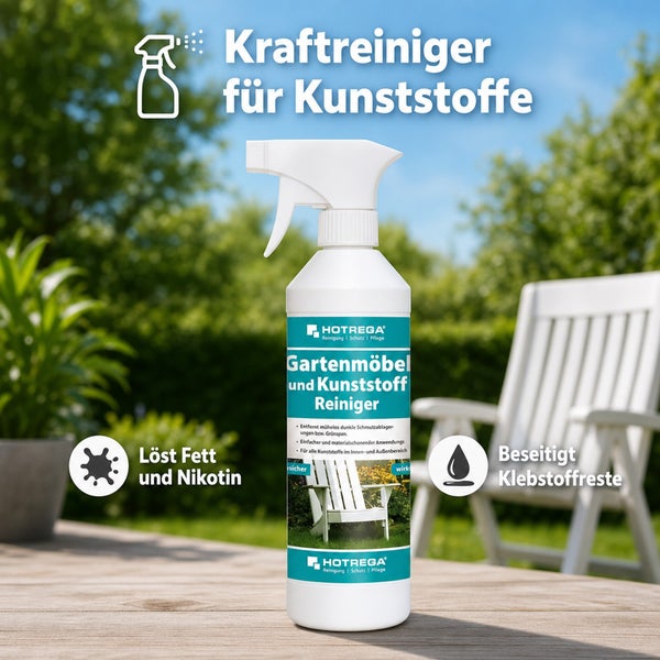 Hotrega Gartenmöbel und Kunststoff Reiniger in Sprühflasche zur Entfernung von Fett, Nikotin und Klebstoffresten für Innen und Außenbereiche.