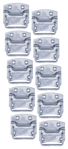 Set von zehn Kistenklappgriffen aus Metall zur Befestigung an Transportboxen oder Koffern.