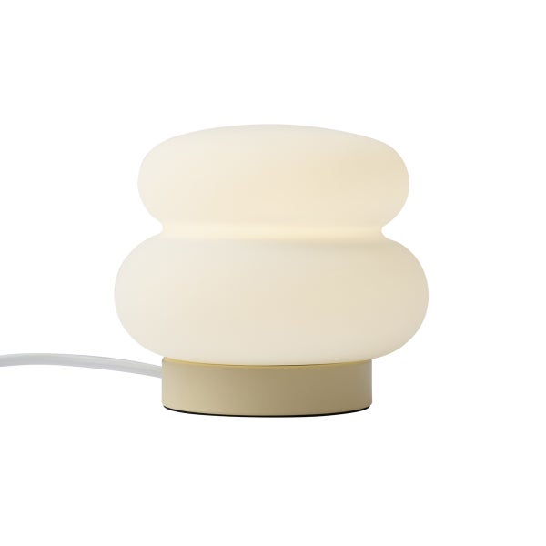 Moderne Tischleuchte mit bauchigem Schirm aus Milchglas in zwei Stufen und festem Sockel, warmes Licht ausstrahlend.