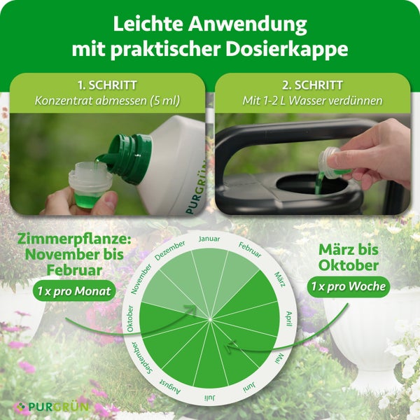 Infografik zur Anwendung von Pflanzendünger Konzentrat mit Dosierkappe, Dosieranleitung und Düngekalender für Zimmerpflanzen und Gartenpflanzen.