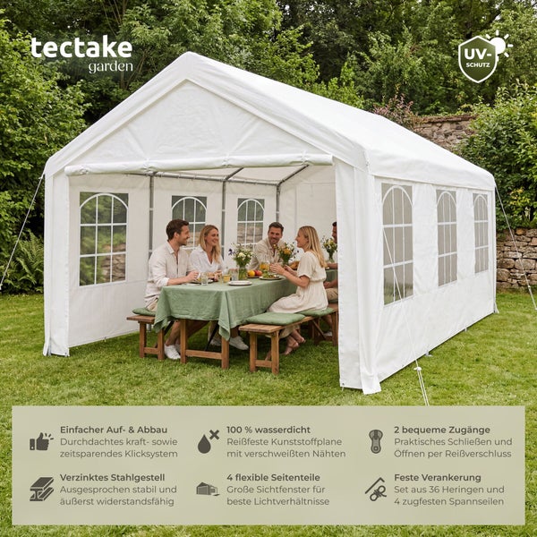 Helles weißes Festzelt im Garten mit Personen am Tisch, wasserdichte Plane, verzinktes Stahlgestell, UV-Schutz und tectake garden Logo.