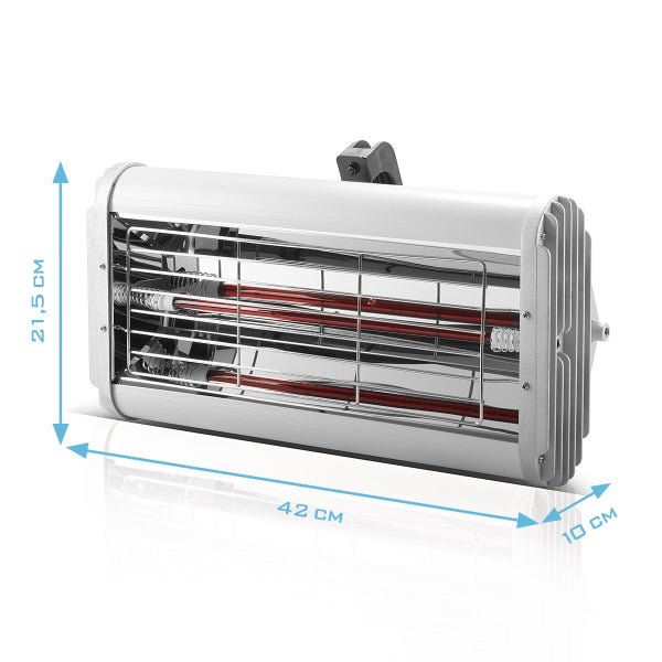 Infrarot-Heizstrahler mit Schutzgitter und Maßen: Höhe 21,5 Zentimeter, Breite 42 Zentimeter, Tiefe 10 Zentimeter.