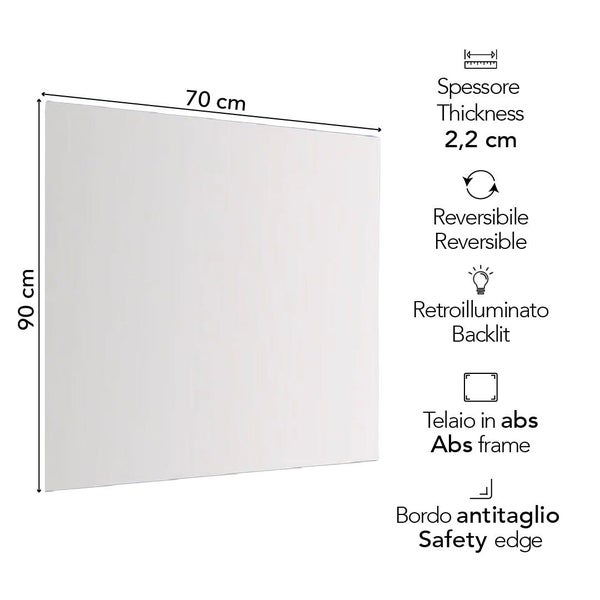 Hintergrundbeleuchteter Badezimmerspiegel mit ABS-Rahmen und Sicherheitskanten. Maße 70 mal 90 Zentimeter, Stärke 2,2 Zentimeter. Wendbar.